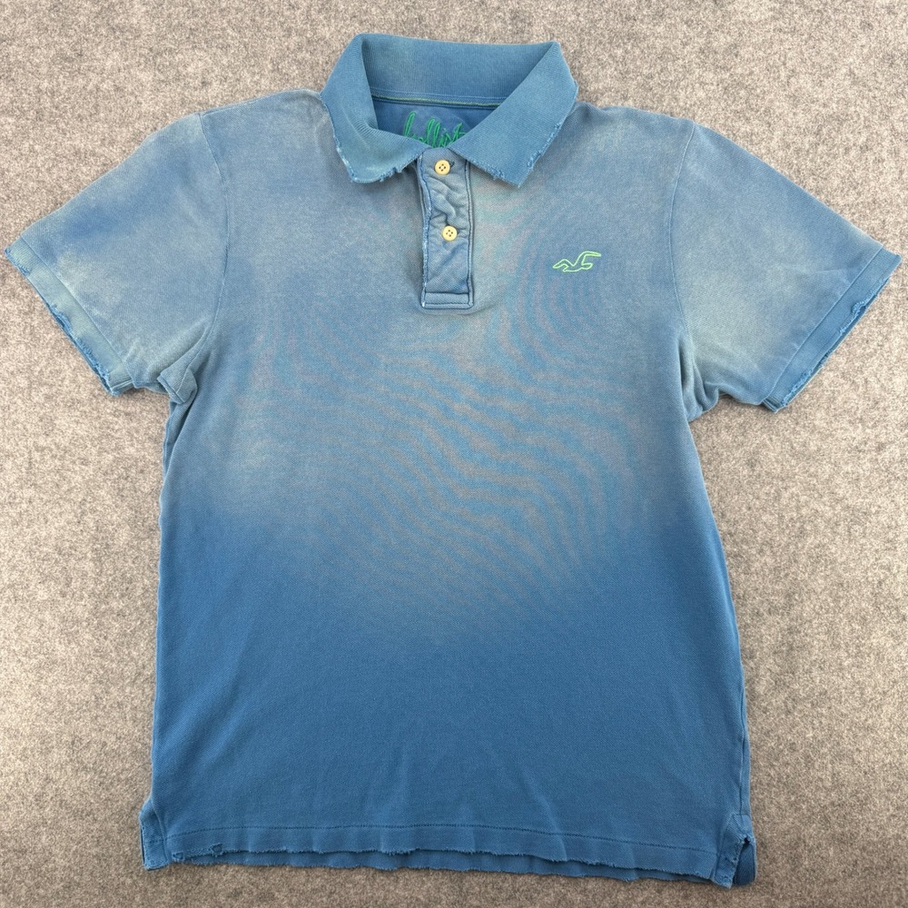 Y2K Hollister Polo Shirt Mens L Classic Fit Blue Distressed Ombre Faded EUC